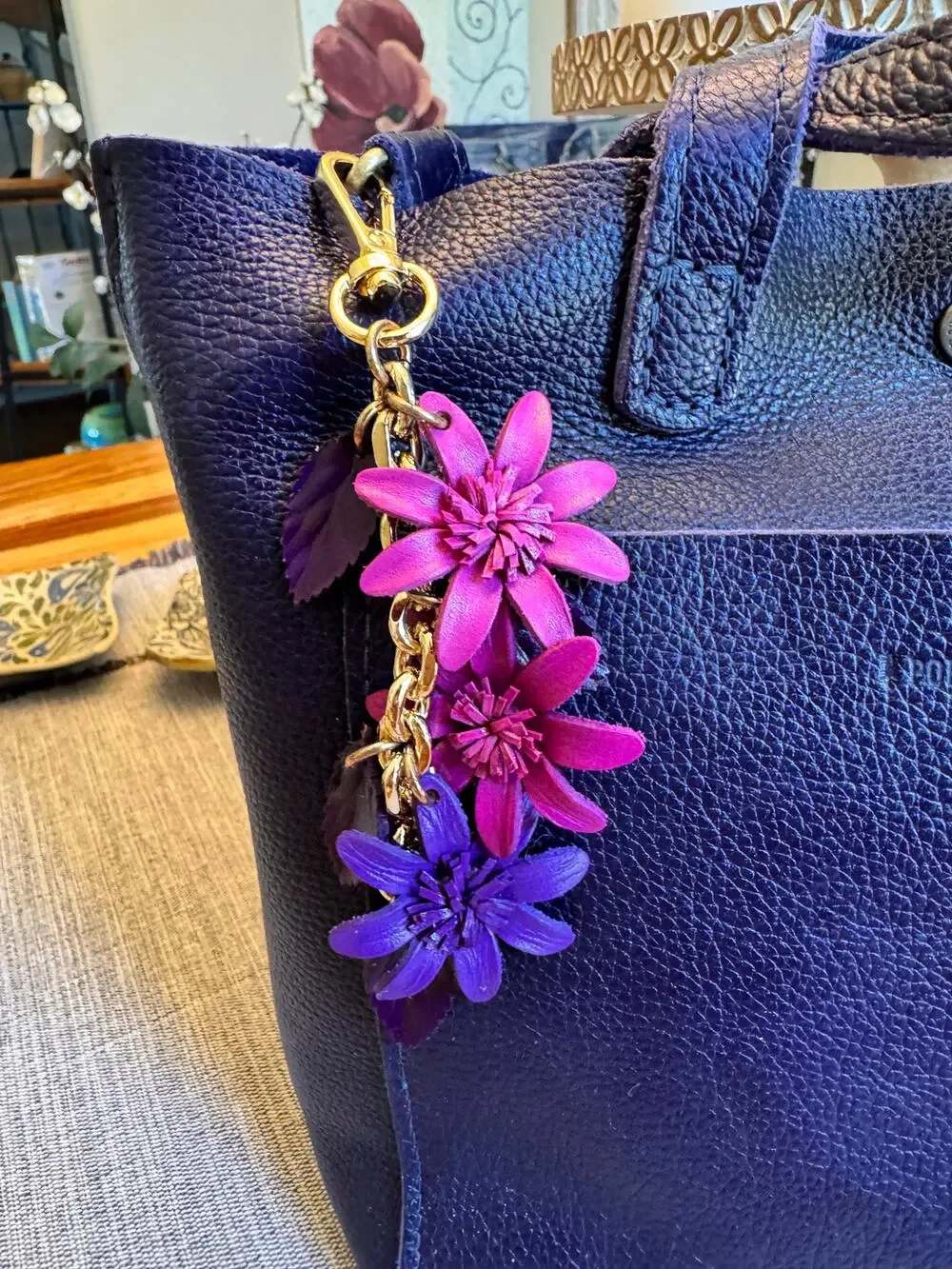 Purple Pink Flower Bag Charm Genuine Leather Purse Charm Flower Charms NEW!